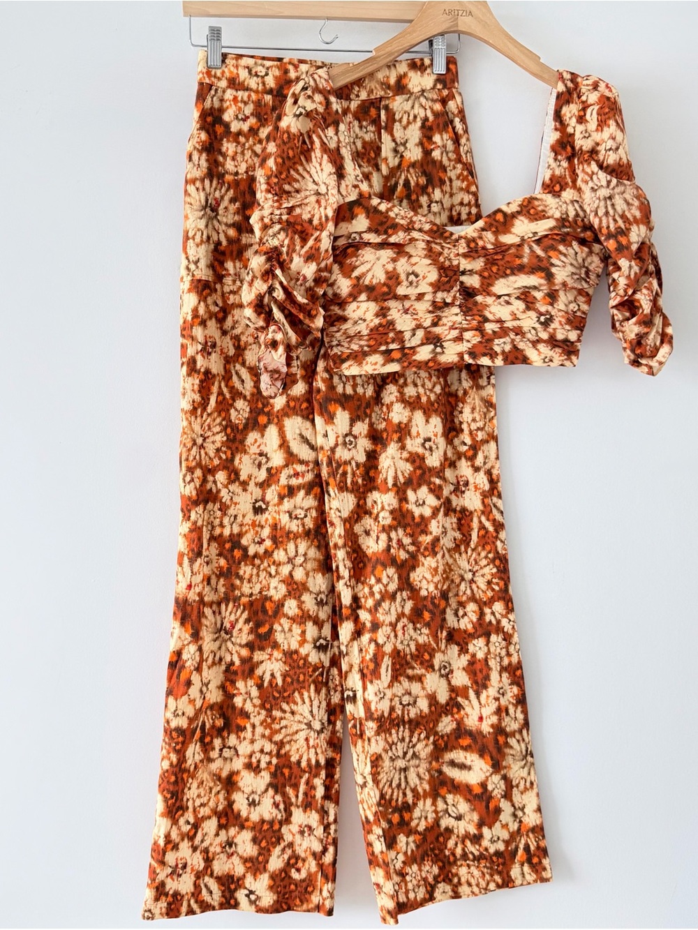 Zara Floral Ruched Crop Top & Wide Leg Pants Co-Ord Set XS/S Orange Boho Y2K - Picture 2 of 16